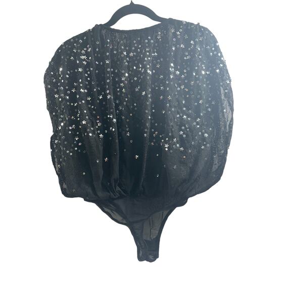 Free People‎ NWOT Women's Black Bodysuit Lace Sequins Size X-Small - Picture 3 of 4